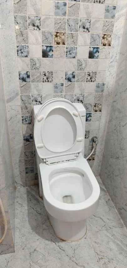 Attached bathroom with patterned wall tiles